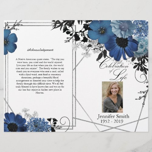 Blue Black Geometric Floral Funeral Program  Flyer