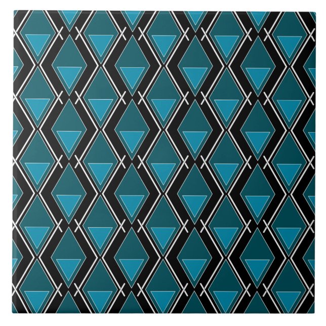 blue black geometric pattern art deco ceramic tile (Front)