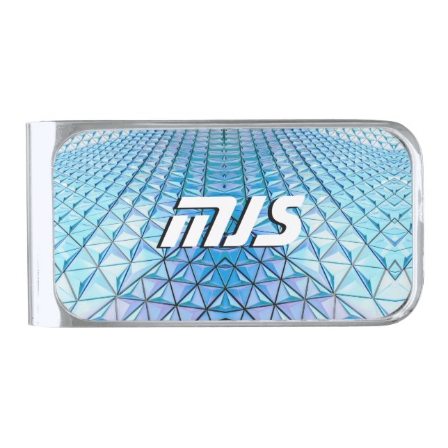 Blue & Black Geometric Shapes, White Monogram Silver Finish Money Clip (Front)