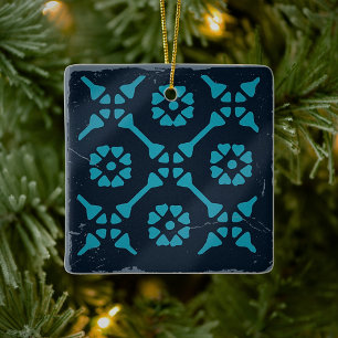 Blue Black Geometric Tile Board Game Distressed Ceramic Ornament