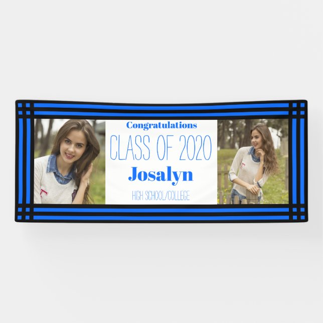Blue Black Geometric Two Photos Graduation Banner (Horizontal)