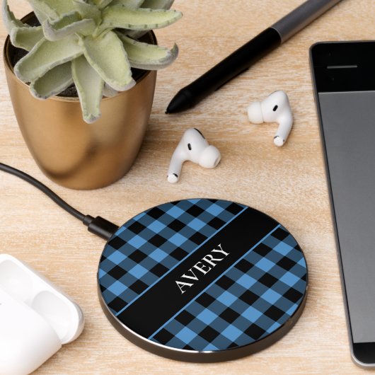 Blue Black Gingham Check Pattern with Name Wireless Charger (Desk 2)