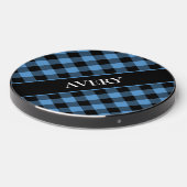Blue Black Gingham Check Pattern with Name Wireless Charger (Front 2)