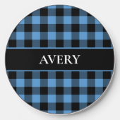 Blue Black Gingham Check Pattern with Name Wireless Charger (Front)
