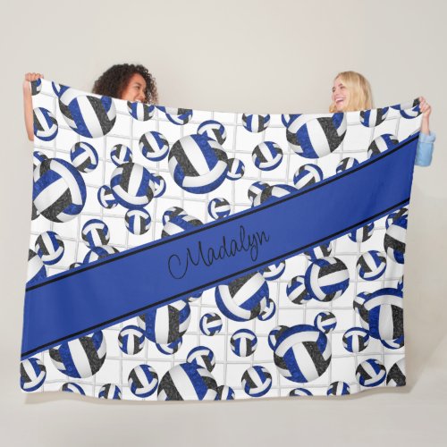 Blue black girly volleyballs pattern w net accent fleece blanket