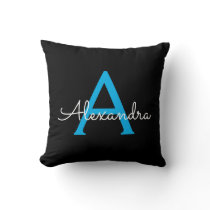 Blue Black Glam Script Girly Monogram Name Throw Pillow