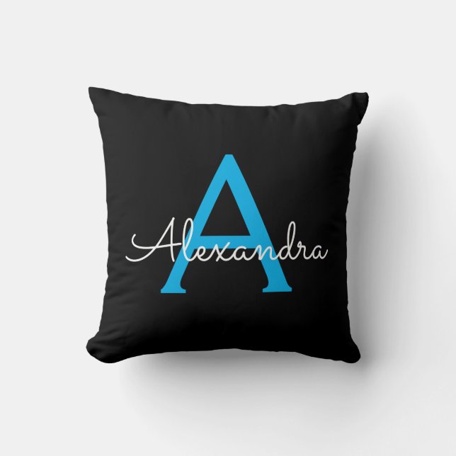 Blue Black Glam Script Girly Monogram Name Throw Pillow (Front)