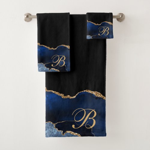  Blue Black Glitter Agate Geode Gold Initial Bath Towel Set