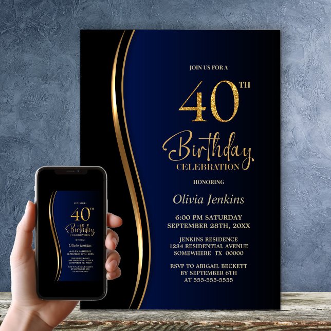 Blue Black Gold 40th Birthday Party Invitation (Creator Uploaded)