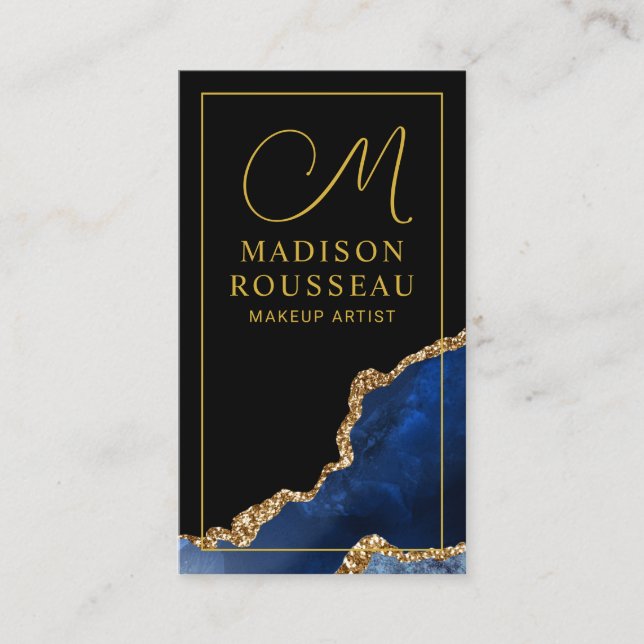Blue Black Gold Agate Monogrammed Makeup Artist  Business Card (Front)