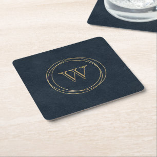 Blue-Black Gold Circles Monogram Square Paper Coaster