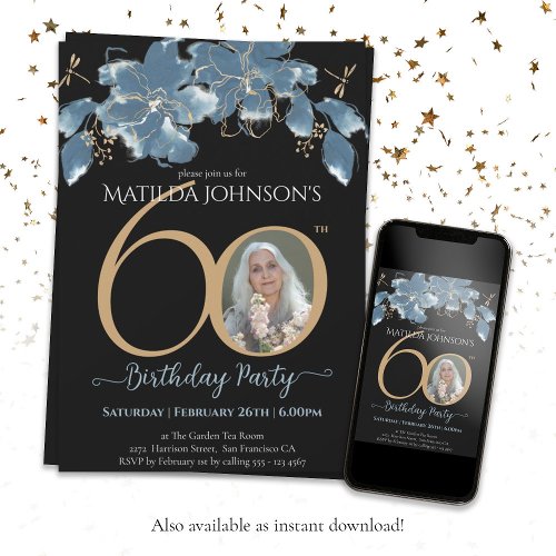 Blue Black Gold Custom Photo Floral 60th Birthday Invitation