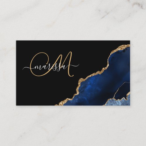 Blue Black Gold Glitter Agate Geode Monogram  Business Card