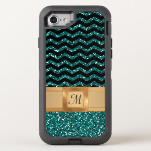 Blue Black & Gold Glitter Chevron Pattern Monogram OtterBox Defender iPhone SE/8/7 Case