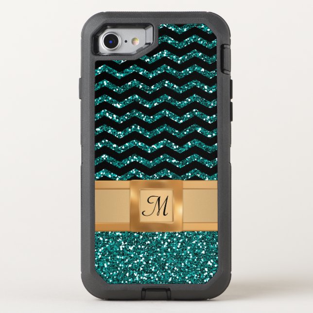 Blue Black & Gold Glitter Chevron Pattern Monogram Otterbox iPhone Case (Back)