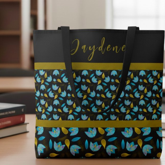 Blue Black Gold Modern Custom Floral Tote Bag (Modern cute tulip flower school or work bag. Personalize it and make it yours.)