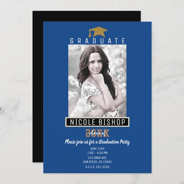 Blue Black Gold Modern Graduation Photo Party  Invitation (Front/Back)