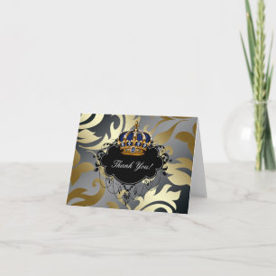 Blue Black Gold Prince Crown Thank You Cards