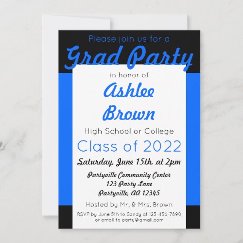 Blue Black Grad Party Bold Graduation Invitation