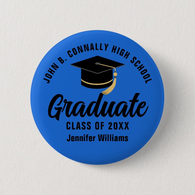 Blue Black Graduate Custom Graduation Name Tag Button (Front)