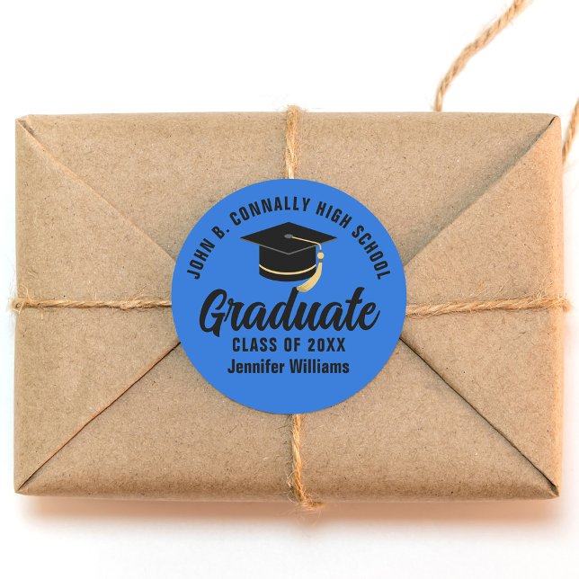 Blue Black Graduate Custom Graduation Party Classic Round Sticker (Creator Uploaded)