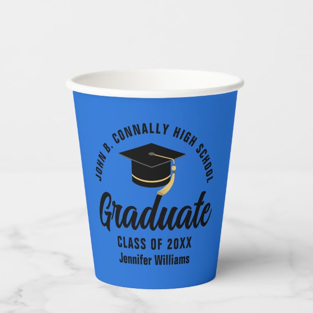 Blue Black Graduate Personalized Graduation Party Paper Cups (Front)