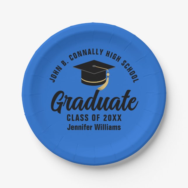 Blue Black Graduate Personalized Graduation Party Paper Plates (Front)