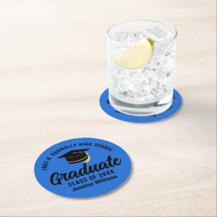 Blue Black Graduate Personalized Graduation Party Round Paper Coaster