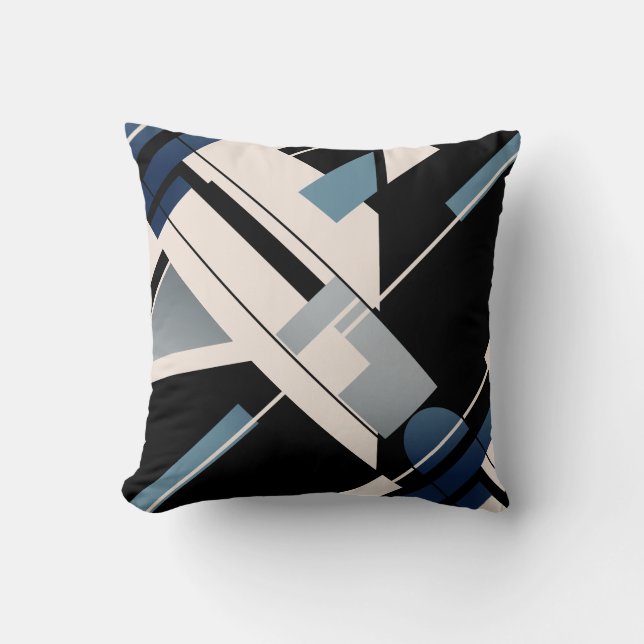 Blue Black Gray Beige Diagonal MCM-inspired Design Throw Pillow (Front)