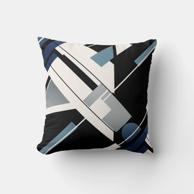 Blue Black Gray White Diagonal MCM-inspired Design Throw Pillow (Front)