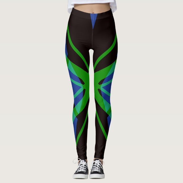 Blue Black Green Abstract Geometric Gym Yoga Leggings (Front)