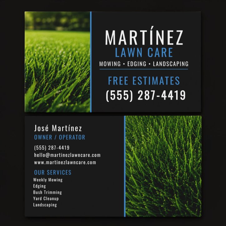Blue Black Green Grass Lawn Service Landscaping Business Card