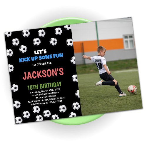 Blue Black Green Soccer Birthday With Photo Invitation