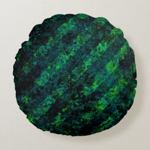 Blue black green striped background with blur, gra round pillow