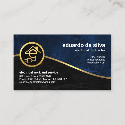 Blue Black Grunge Gold Wave Electrician Business Card