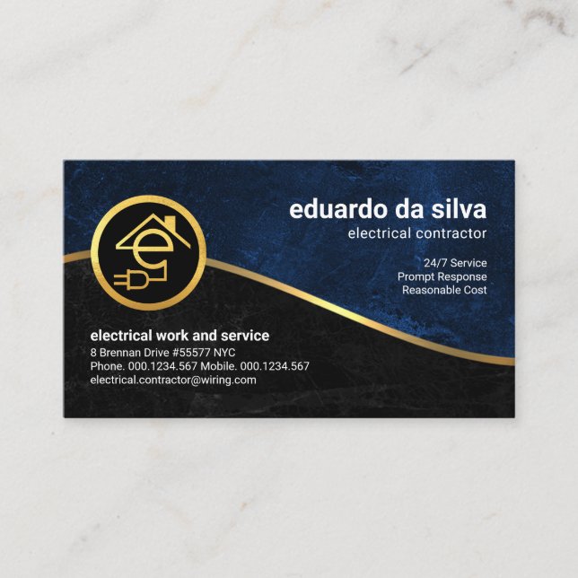 Blue Black Grunge Gold Wave Electrician Business Card (Front)