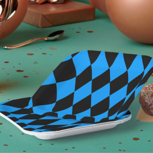 Blue Black Harlequin Diamonds Checkers Design Paper Plates