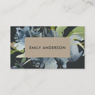 BLUE BLACK KRAFT GREEN GOLD FLORAL WATERCOLOR BUSINESS CARD