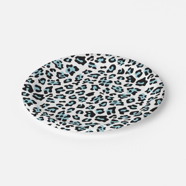 Blue Black Leopard Animal Print Pattern Paper Plates (Angled)