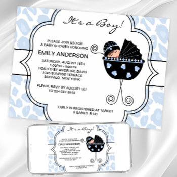 Blue Black Leopard Baby Boy Shower Invitations by BabyCentral at Zazzle