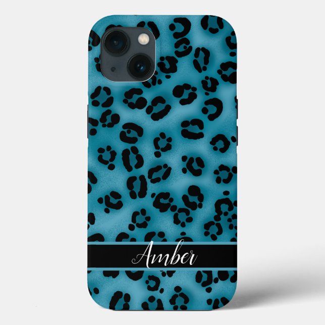 Blue Black Leopard Print Personalized Case-Mate iPhone Case (Back)