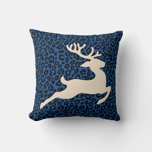 Blue Black Leopard Reindeer Christmas Decor Throw Pillow (Front)