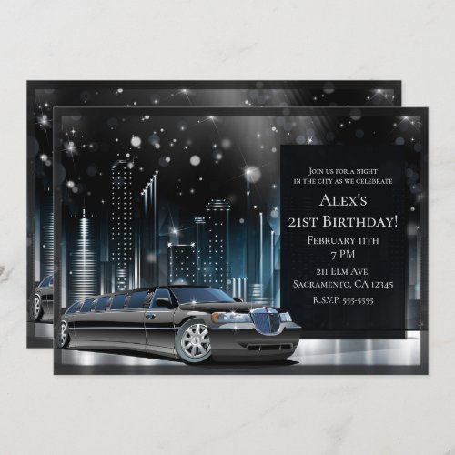 Blue  Black Limo Night in the City Birthday Party Invitation