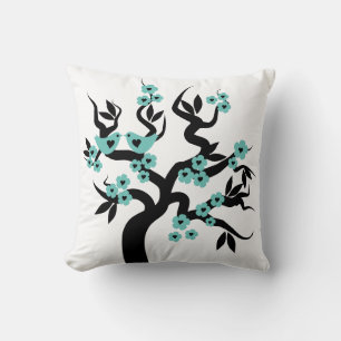 Blue black Love birds sakura cherry tree blossoms Throw Pillow