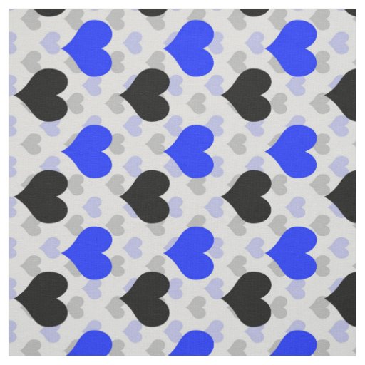 Blue Black Love Hearts White Fabric