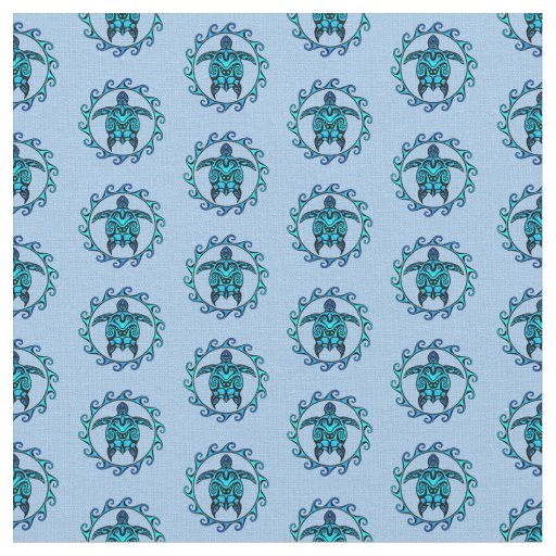 Blue Black Maori Sun Symbol Tribal Turtles Fabric
