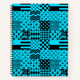 Blue Black Mixed Patterns Patchwork Design Notebook