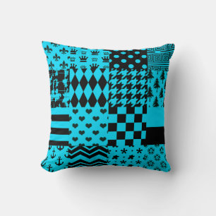 Blue Black Mixed Patterns Patchwork Design Throw Pillow
