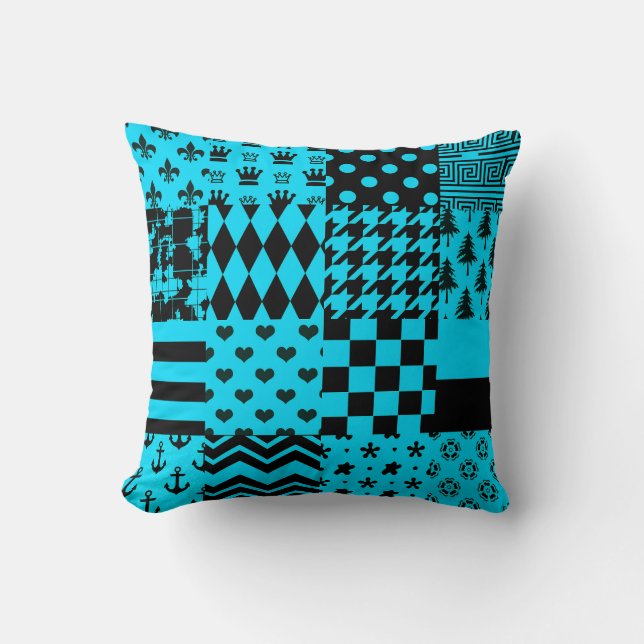 Blue Black Mixed Patterns Patchwork Design  Throw Pillow (Front)