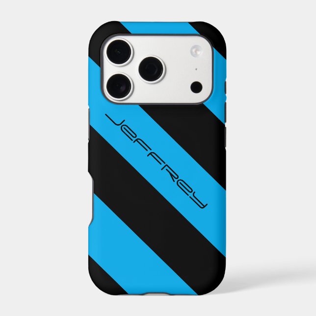 Blue & Black Modern Diagonal Stripe Custom w/Name Case-Mate iPhone Case (Back)